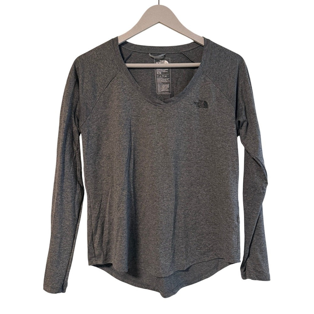 The North Face Womens Grey Heathered V-Neck Long Sleeve Active Top Size M